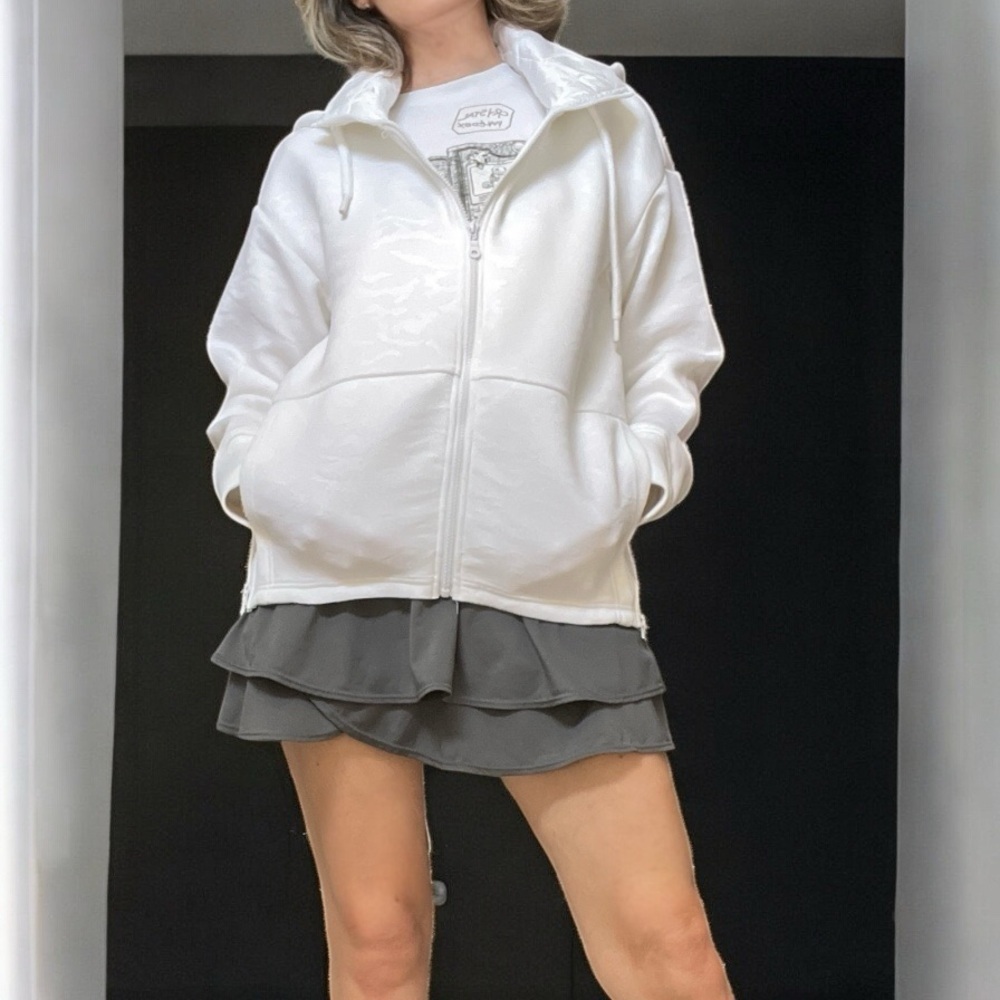 Fabletics White Zebra Neoprene Jacket Removable Hood Zip Up S